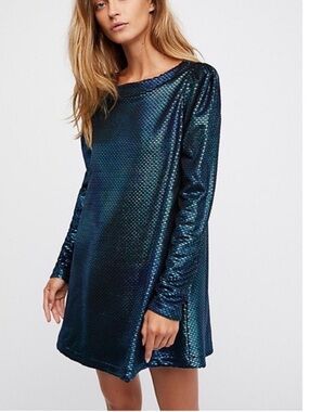 Free people Shimmering Blue Long-Sleeve Shift Dress
